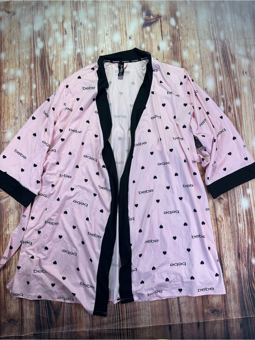 bebe Pink Short Tank & Heart-Print Robe Sleep Set with Black Trim Size Medium - Picture 5 of 16